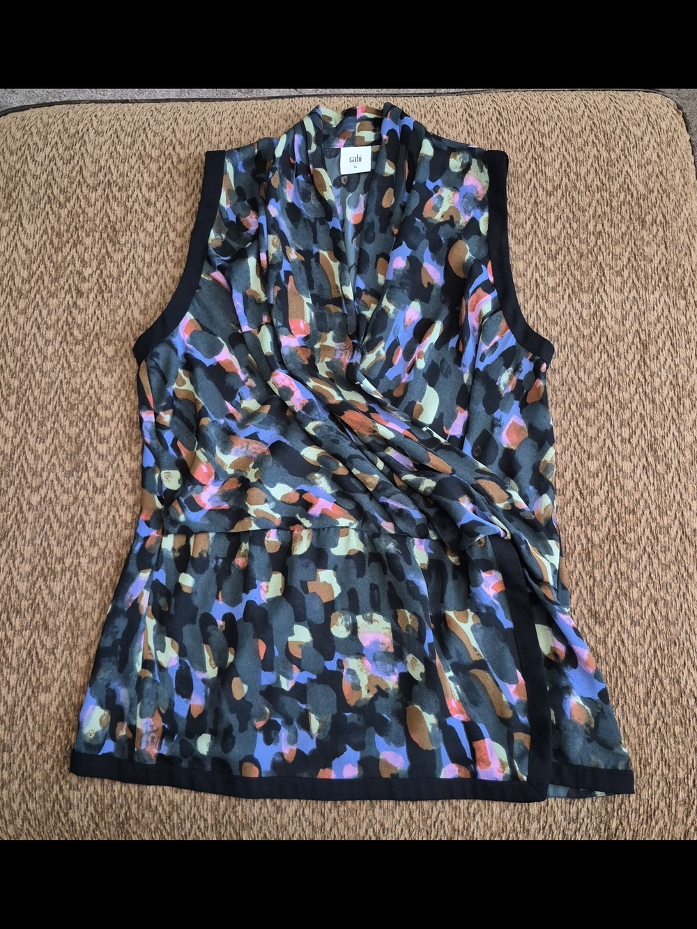CAbi Sleeveless Drape Front Top in Black Multi-Color Print